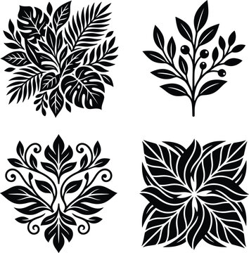 Uncluttered black and white array of stylized botanical leaf and berry designs, high-resolution visual resource for decoration.