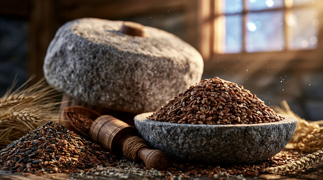 Ancient stone quern and handheld milling tools arranged beside piles of einkorn and khorasan wheat berries in golden hour light streaming through a barn window, perfect for heritage grain, ancient m