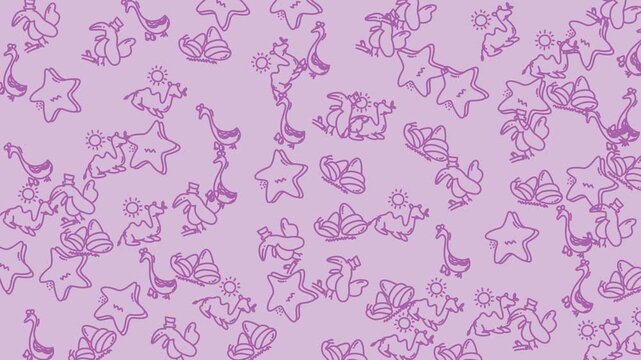 Whimsical camel and bird pattern in purple hues for childrens products, stationery, textiles, and social media backgrounds. Joyful and vibrant.