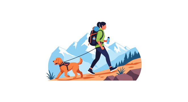 Labradoodle enjoying a scenic hike with its owner amidst natural mountain and forest landscapes