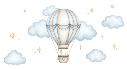 Obraz premium Dreamy Hot Air Balloon Floating Among Clouds and Stars