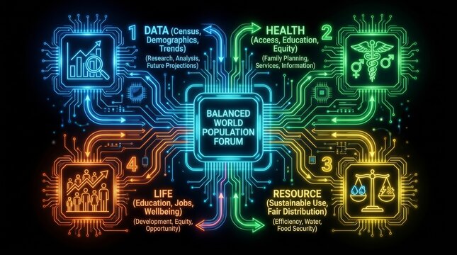 Balanced world population forum concept with data health life and resource elements