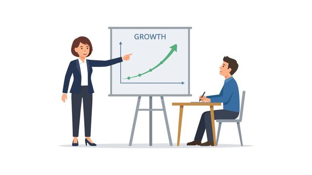 Clean Flat Animation Of A Female Presenter Pointing To A Growth Graph Chart On Whiteboard With A Businessman Student Sitting And Writing Notes