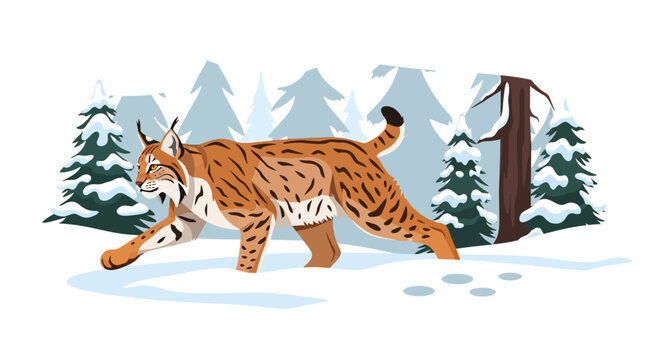 A solitary lynx prowling through a pristine snowy forest environment, showcasing its hunting prowess