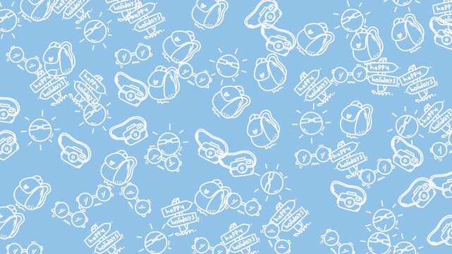 Holiday doodle pattern with cute travel icons for a summer trip. Great for web design, scrapbooking, and vacationrelated projects.