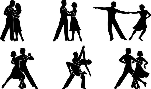 Elegant Ballroom Dance Couple Silhouette Collection Featuring Tango Waltz Salsa Latin Dance Poses for Performance and Romantic Event Designs