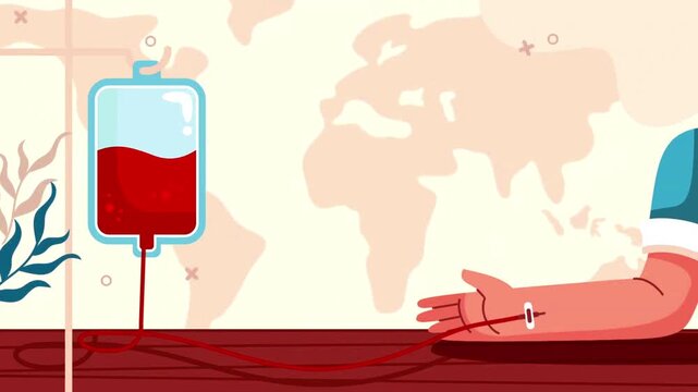 Blood donation animation featuring a medical bag connecting an IV line to a donor's arm.