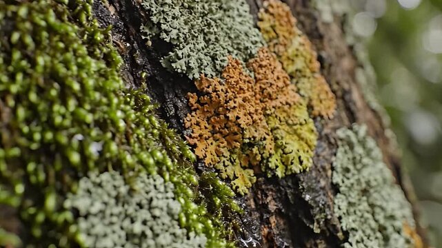 Closeup of Moss and Lichen Growing on Tree Bark in Natural Sunlight.