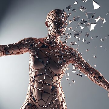 Digital human form disintegrating into pieces.
