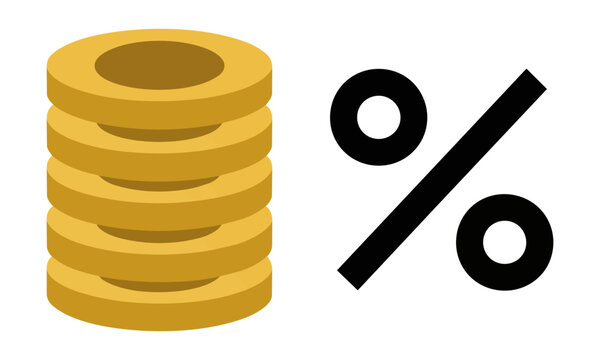 Minimalist icon featuring a stack of three gold coins and a percentage symbol with flat color blocks isolated on a white background, financial growth concept