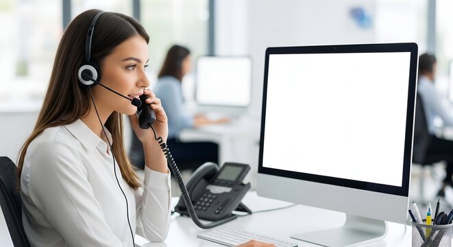 Professional customer support agent wearing headset working at office desk