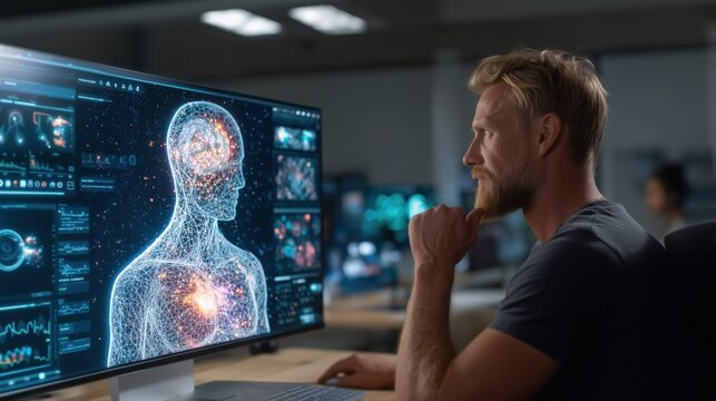 Human observing AI digital assistant on computer screen in dark office