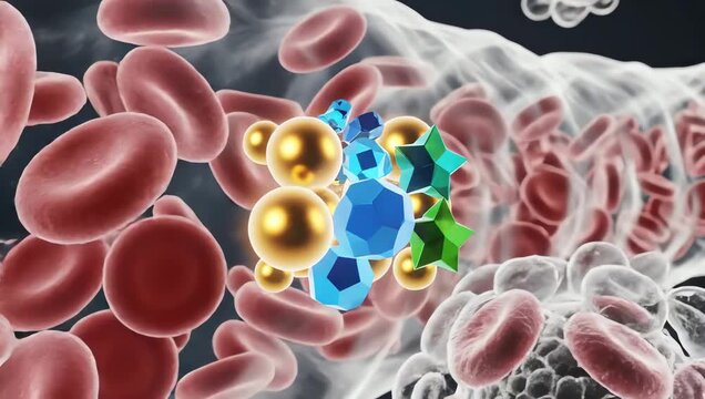 Nutrients traveling through bloodstream toward body cells, glowing vitamins and minerals floating in synchronized fluid motion
