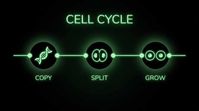 Cell cycle stages infographic with dna replication cell division and growth phases on black background