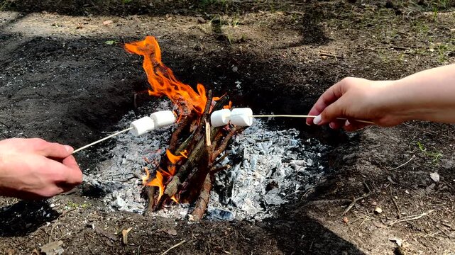 A true snapshot of life at a campsite: a young couple roasting marshmallows over a campfire in a dense forest. Cozy, life in nature, strengthening emotional bonds, the idea of a digital detox