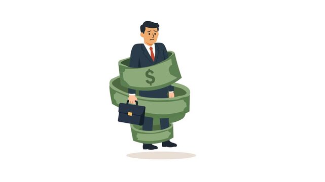 Businessman Trapped In Debt With Money Ribbon Flat Design Animation. Conceptual idea. Financial stress, economic pressure, loans, business struggles, money problems, and personal finance burden. 