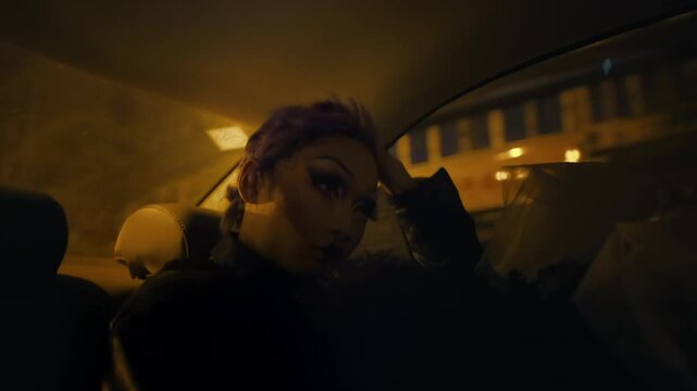 Pensive Chinese trans woman with purple hair and dark makeup sitting in the back of a car in Chengdu