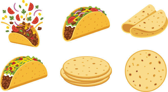 Mexican Taco and Tortilla Vector Icon Set with Hard Shell Tacos Ground Beef Flying Ingredients and Corn Flatbread for Fast Food Menu Designs