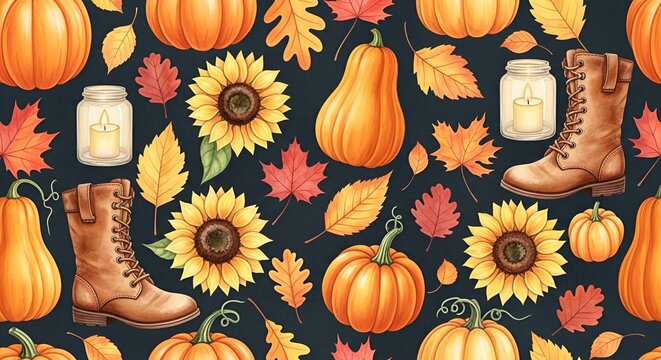 Autumn Harvest Pattern: Pumpkins, Sunflowers, Leaves, Boots, and Candles
