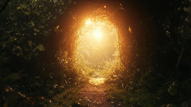 glowing pathway through dense green foliage leading to radiant golden portal, drifting particles and soft shafts of light create tranquil, mystical atmosphere