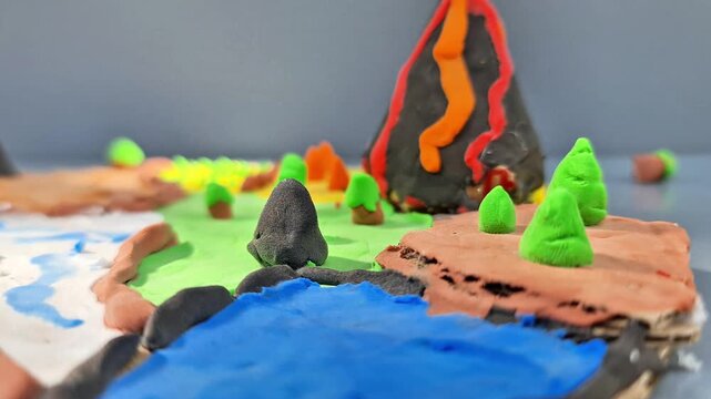 Colorful Playdough Landscape Island with Erupting Volcano Model