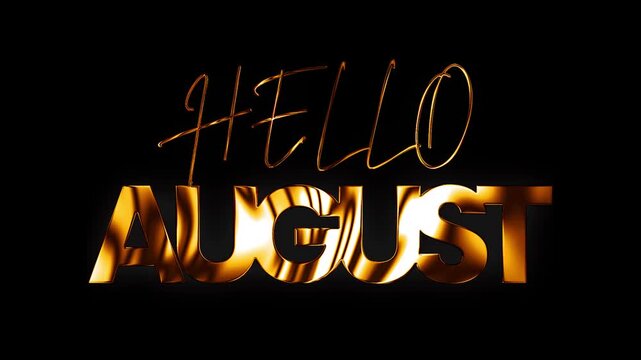 Hello August text design with golden curve lines animation video
