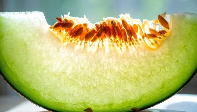 Close up of a juicy honeydew melon slice showing seeds.