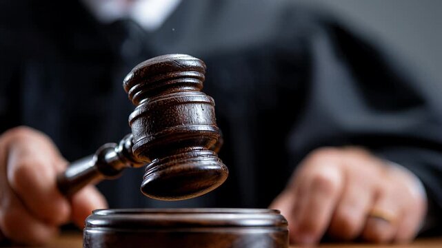 Judge gavel striking wooden block, caucasian judge in black robe delivering decisive verdict in courtroom; close-up on hand, polished mallet, echoing authority,