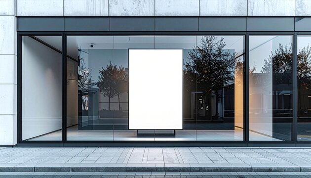 Large Vertical Blank Billboard Mockup Inside Modern City Shopfront Window Display