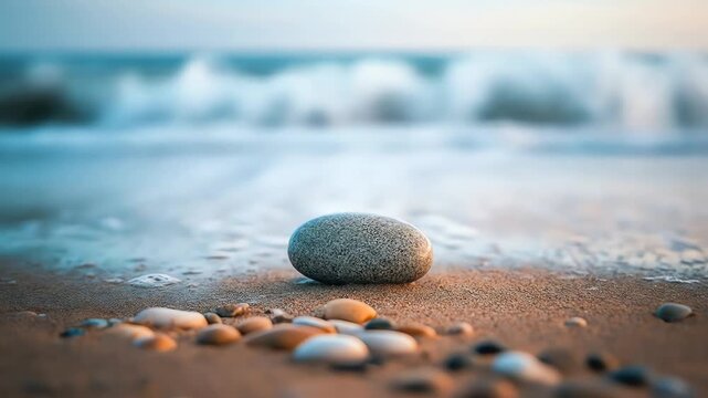 Close up of a pebble on a sandy beach with ocean waves in the background