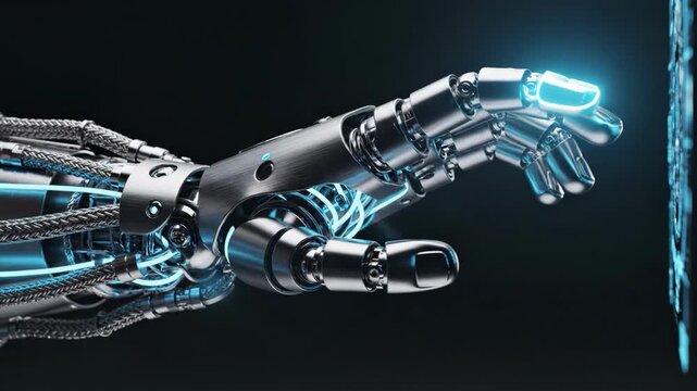 A futuristic robotic arm extends towards a digital interface, conveying innovation and technology.
