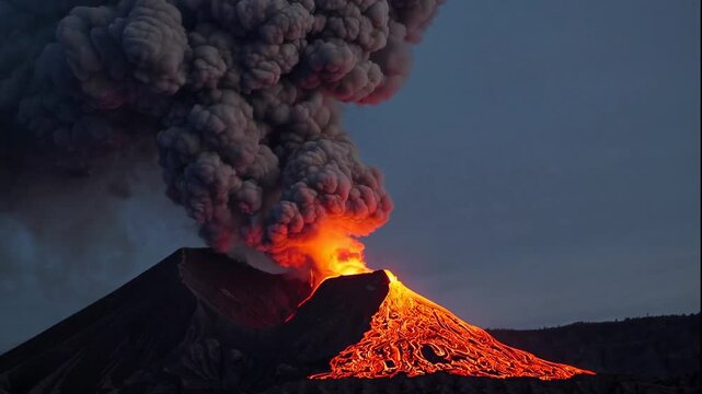 Volcanic eruption video with lava and ash cloud at dusk