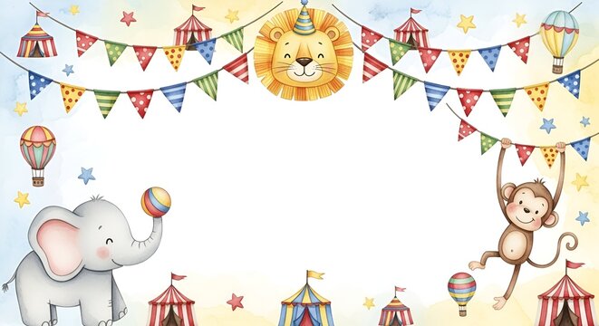 Cute Circus Animals Border with Bunting and Hot Air Balloons - Watercolor Style