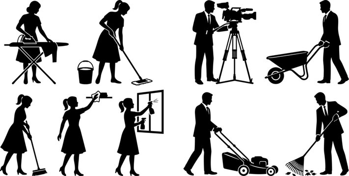 Professional Worker and Household Activity Silhouettes Collection Featuring Cleaning Gardening Filming and Maintenance Service Poses