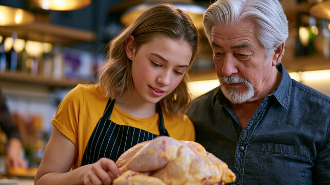 An intergenerational cooking class takes place in a vibrant community kitchen, a teenage participant carefully learning to butcher a whole chicken under the patient guidance of a retired professiona
