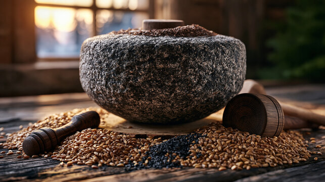 Ancient stone quern and handheld milling tools arranged beside piles of einkorn and khorasan wheat berries in golden hour light streaming through a barn window, perfect for heritage grain, ancient m