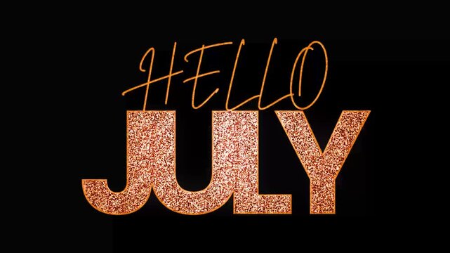 Hello July text design with golden glitters shine animation video