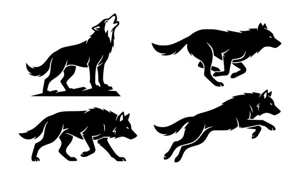 Wild Wolf Predator Silhouette Collection Vector Illustration Isolated on White