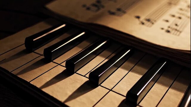A video showcasing an open book of classical music sheet with notes