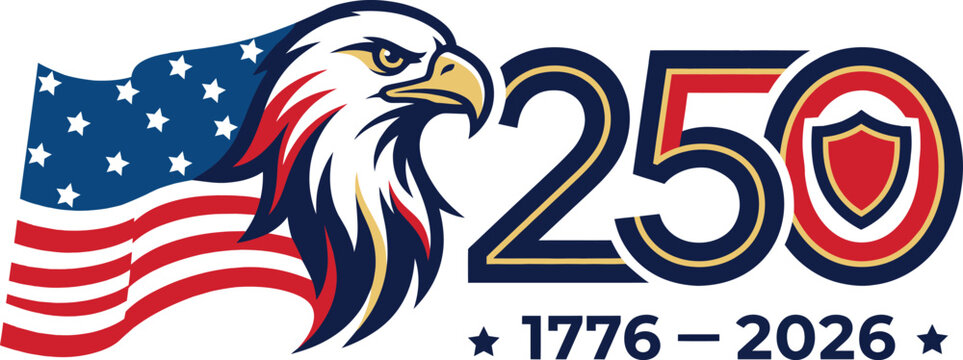 Bald eagle with American flag celebrating 250 years anniversary illustration