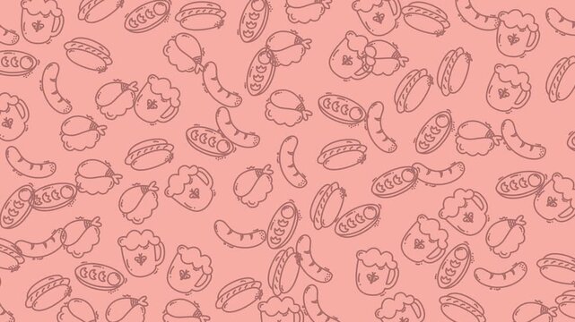 Food doodle pattern with handdrawn beer mugs, sausages, and plates perfect for menus, beer labels, and foodrelated designs.