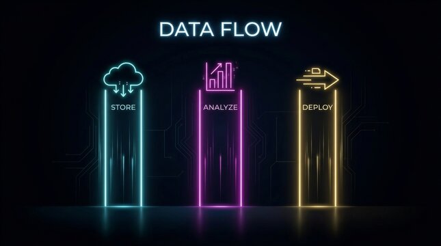 Neon data flow infographic with store analyze deploy pillars on dark background