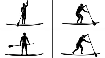 Naklejka premium Stand Up Paddleboarding Silhouette Set Featuring Water Sport Athlete Poses on Paddle Board for Outdoor Adventure and Fitness Designs