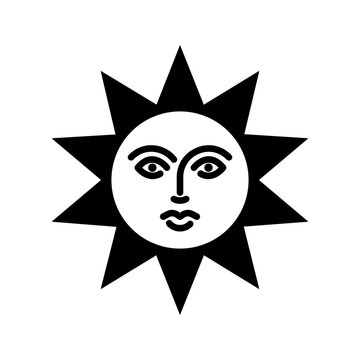 Sun face icon. Culture and folklore filled symbol. Black and white.