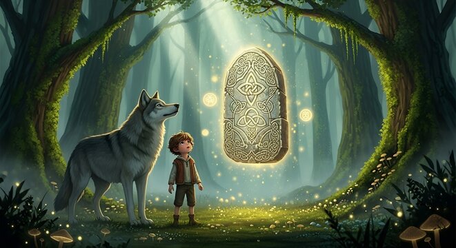 Boy and Wolf Discover Magical Rune Stone in Enchanted Forest