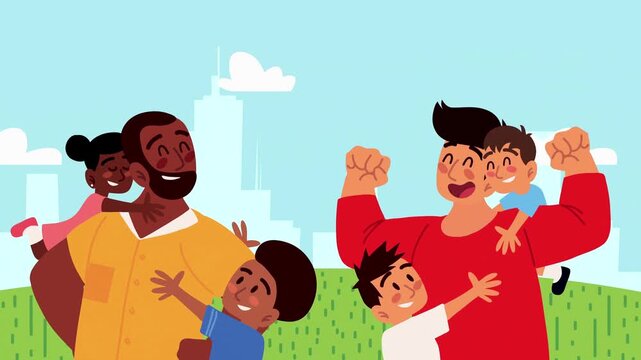 Happy diverse fathers playing with their young kids inside a sunny green city park.