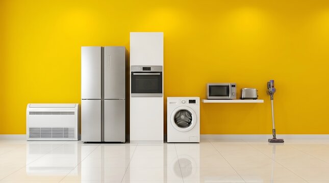 Modern kitchen appliances arranged against a bright yellow wall