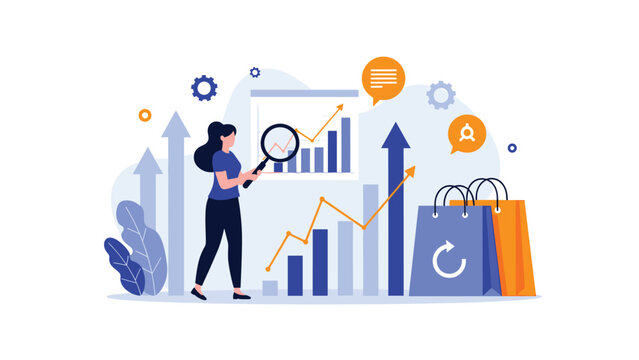 Businesswoman analyzing data graphs and shopping bags with a magnifying glass representing consumer research and market analysis.