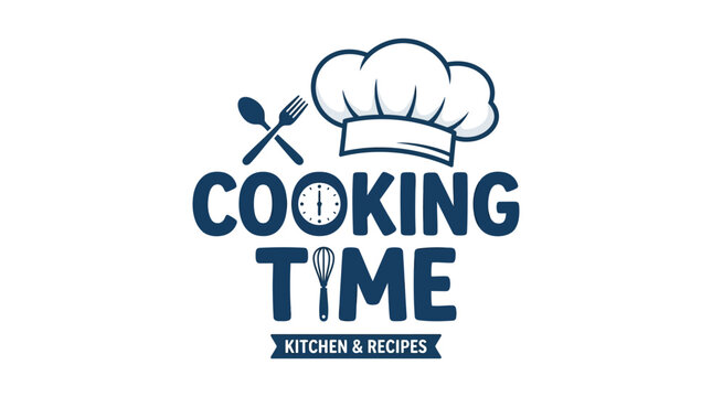 Cooking time logo with chef hat and utensils blue on white