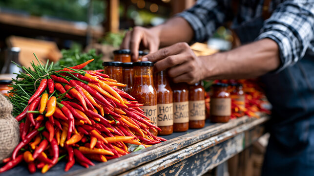 A small-batch hot sauce maker arranges hand-labeled bottles of neighborhood-grown pepper sauce on a weathered market shelf, bundles of fresh chilis harvested that morning piled alongside them in gol